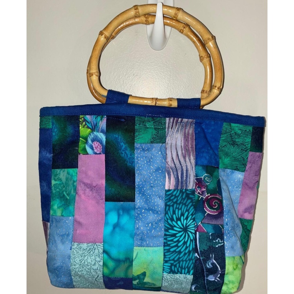 Quilted Patchwork Hand Bag Womens Small Blue Bamboo Handle Batik Boho